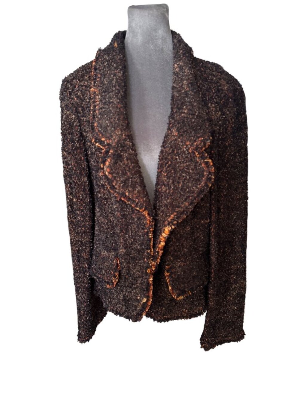 St. John Black Orange Boucle Knit Open Front Blazer Jacket Size 16 Made In USA - Picture 2 of 11